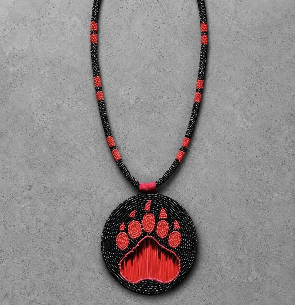 Custom black and red bear paw beaded medallion necklace