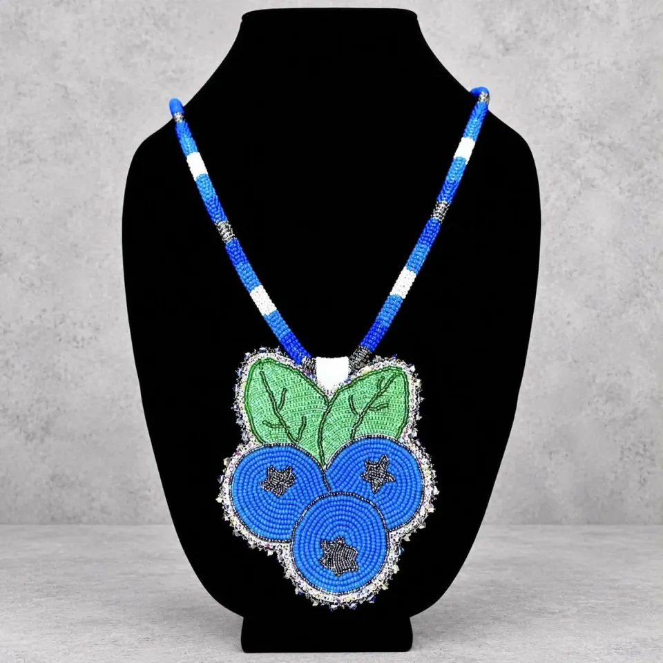 Custom blue blueberry beaded medallion necklace