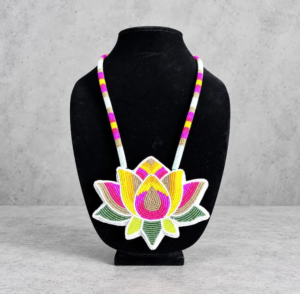 Custom pink, yellow, and green lotus beaded medallion necklace