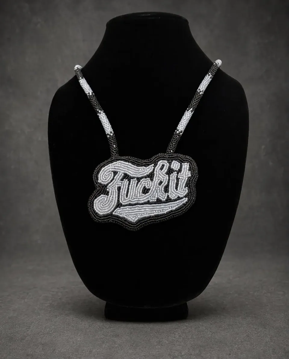 Custom black and white script beaded medallion necklace