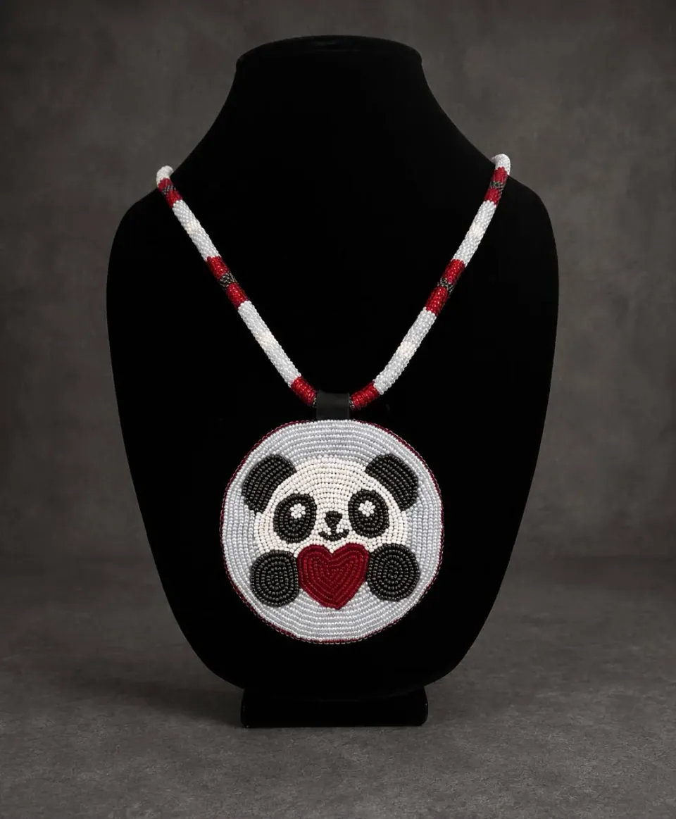 Hand-beaded panda medallion necklace