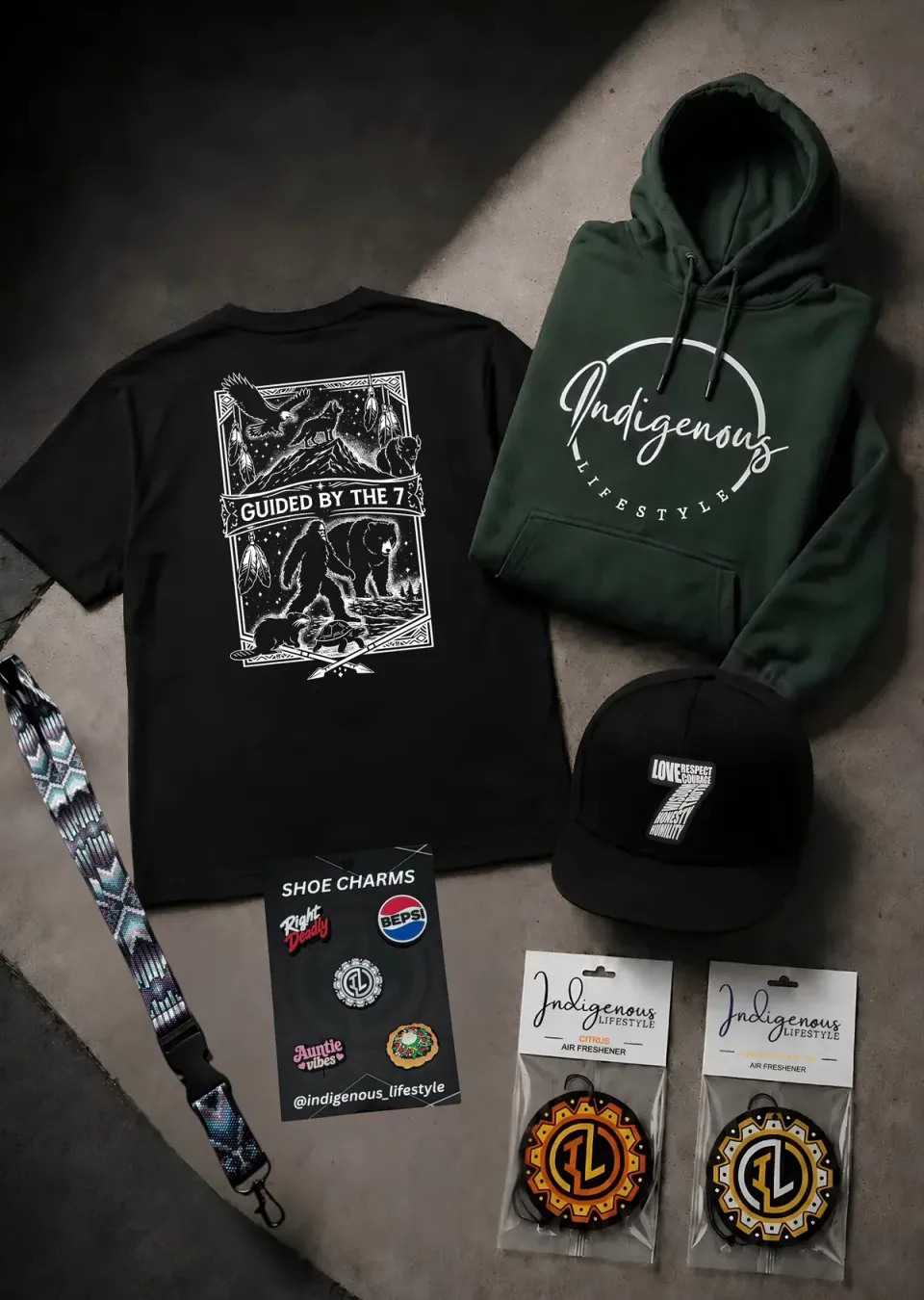 Indigenous Lifestyle apparel and accessories arranged in a studio