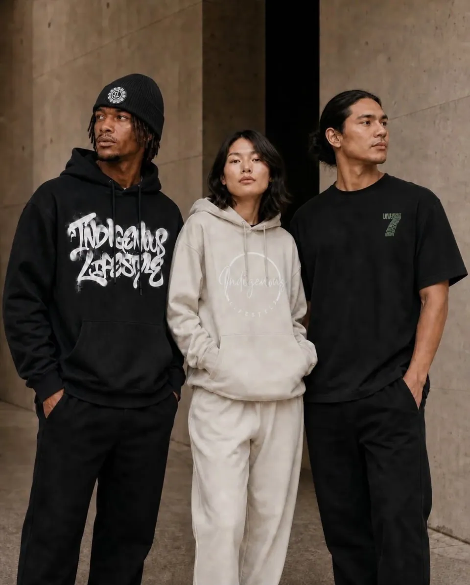 Three models wearing Indigenous Lifestyle hoodies, a T-shirt, and a Guided by the Seven hat